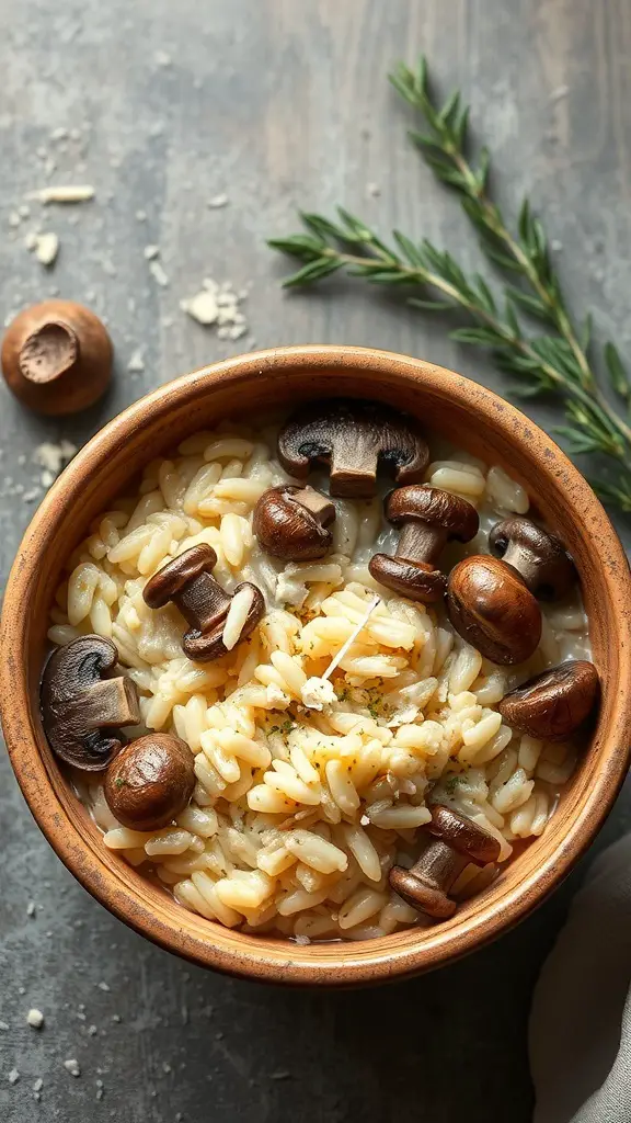 A bowl of creamy risotto with mushrooms and parmesan cheese