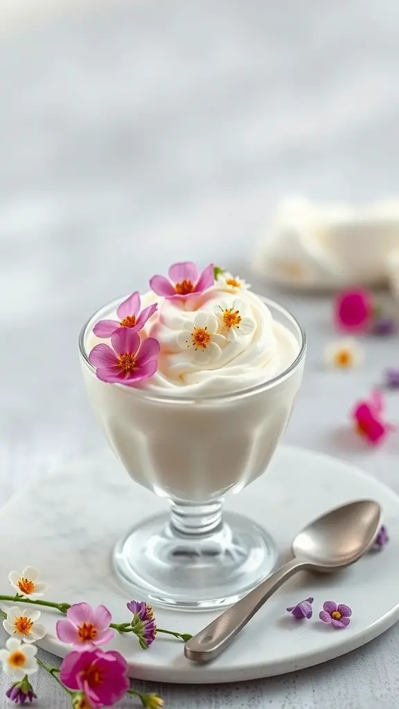 A glass of Rose Water Panna Cotta topped with edible flowers.