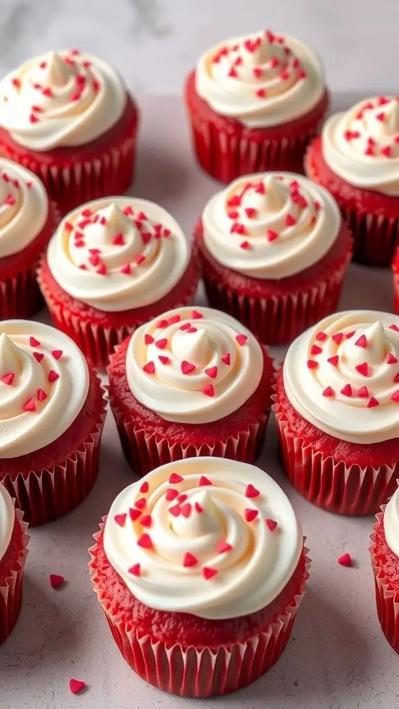 Delicious red velvet cupcakes topped with cream cheese frosting and heart-shaped sprinkles
