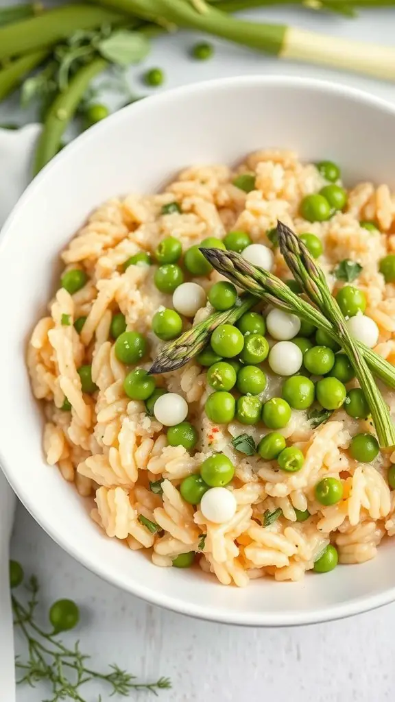 A bowl of spring vegetable risotto topped with green peas and asparagus.