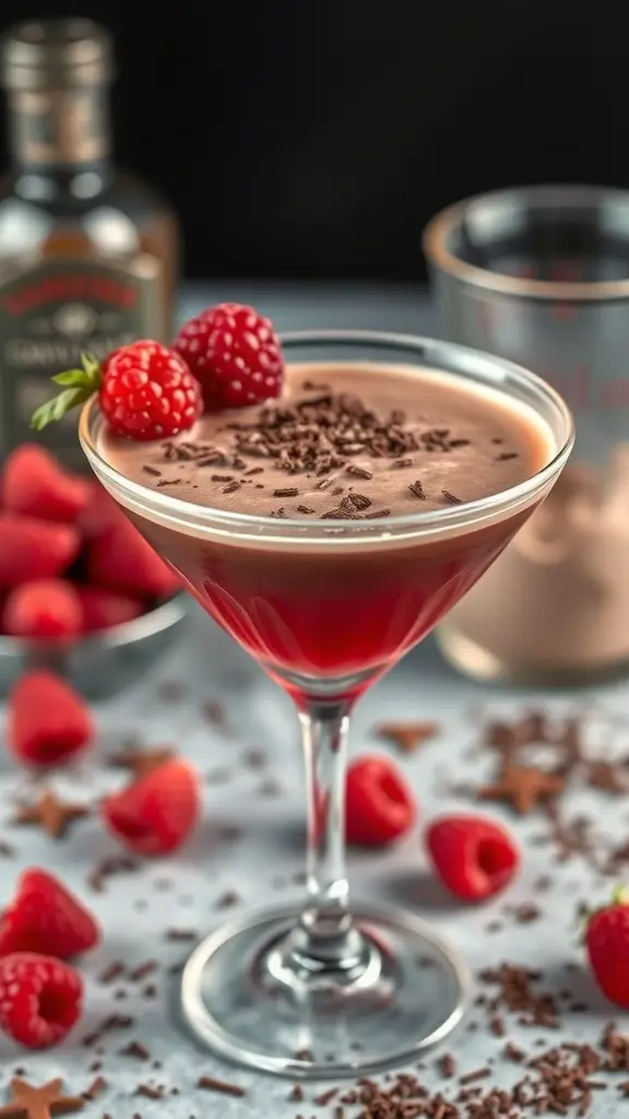 A Chocolate Raspberry Martini garnished with raspberries and chocolate shavings, surrounded by fresh raspberries and chocolate pieces.
