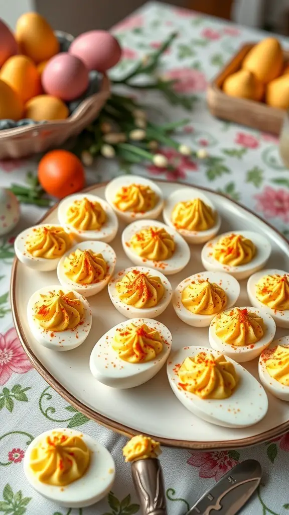 A platter of deviled eggs topped with paprika, surrounded by colorful Easter eggs.