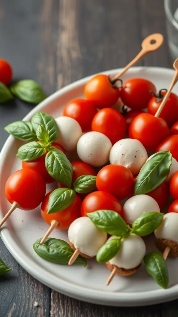 A plate of mini Caprese skewers with cherry tomatoes, mozzarella balls, and basil leaves.