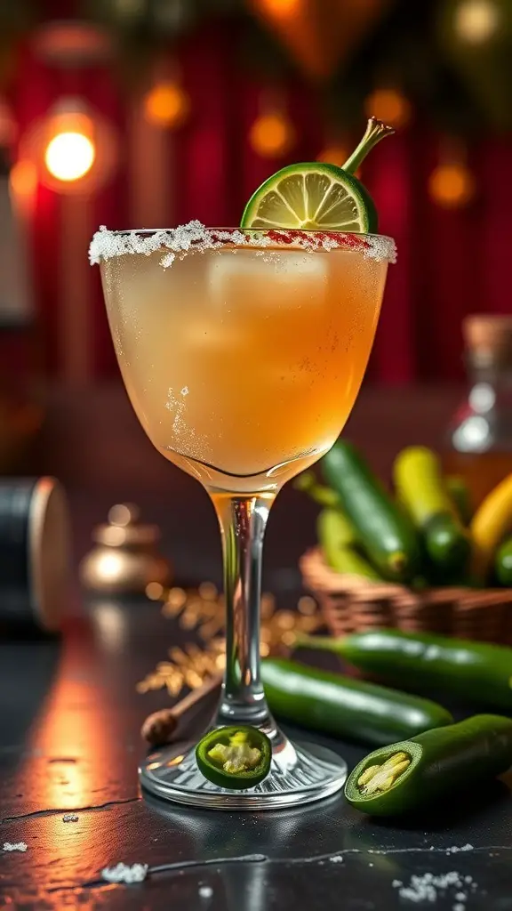 A Spicy Love Margarita in a glass with a salted rim, garnished with lime and jalapeño, surrounded by fresh jalapeños.