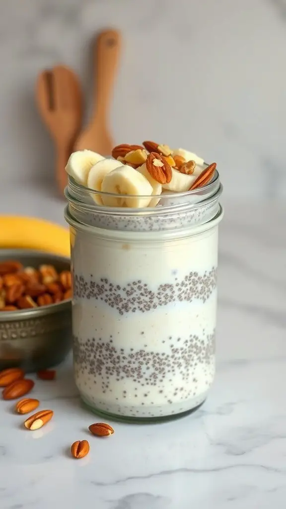 A jar of chia seed pudding with almond milk, topped with banana slices and nuts, on a marble surface.