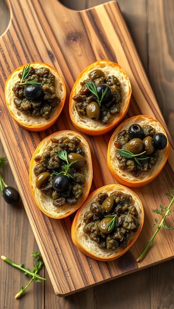 Crostini topped with olive tapenade on a wooden board