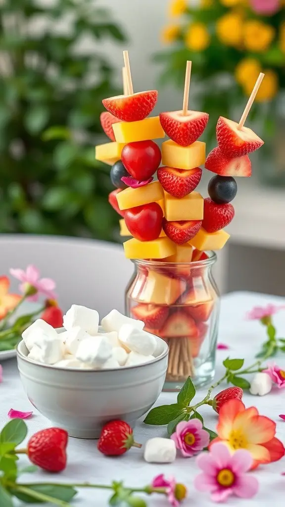 Colorful fruit kabobs with strawberries, melons, and blueberries next to a bowl of marshmallow fluff dip