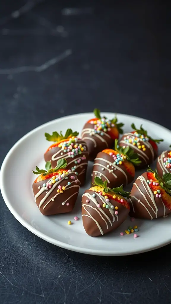 A plate of chocolate-covered strawberries decorated with colorful sprinkles.
