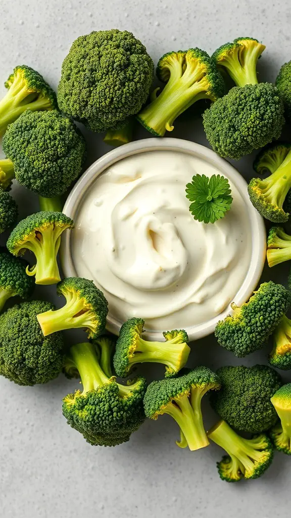 A bowl of ranch dip surrounded by fresh broccoli florets.