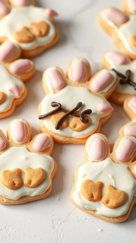 Decorated bunny paw print cookies with pink and white icing.