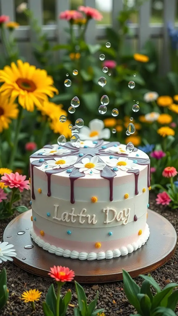 A beautifully decorated cake with pastel colors, daisies, and colorful sprinkles, surrounded by vibrant flowers, resembling a rainy day in a garden.