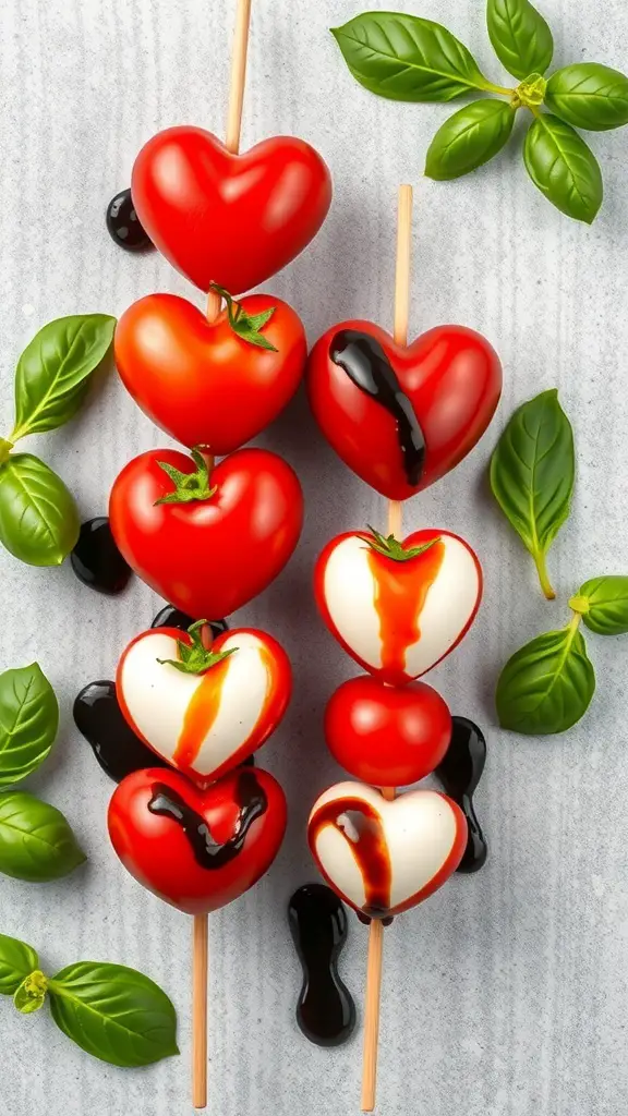 Heart-shaped Caprese skewers with tomatoes, mozzarella, and basil on a gray background.