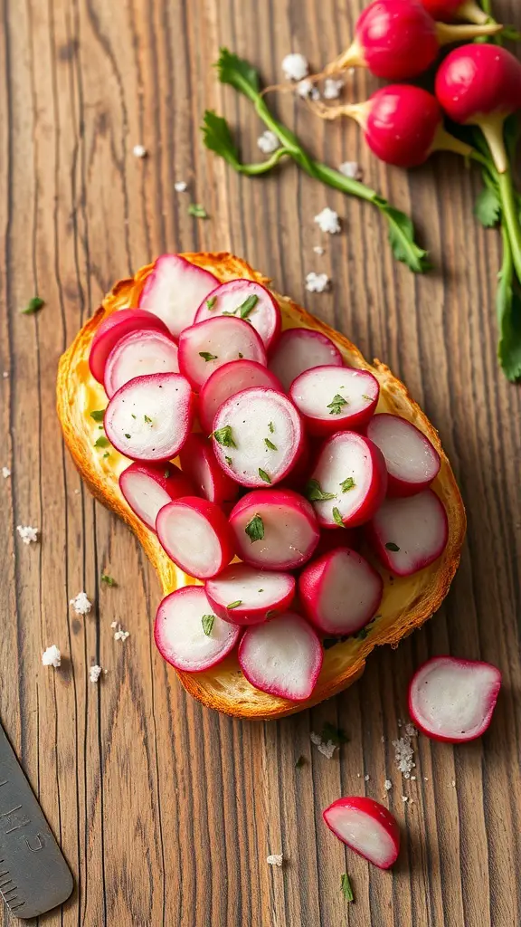 A slice of toasted bread topped with sliced radishes and herbs on a wooden surface.