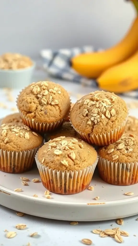 A plate of banana oatmeal muffins topped with oats, with bananas in the background.