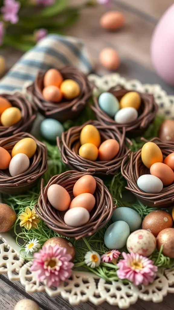 A plate of chocolate egg nests filled with colorful candy eggs, surrounded by flowers and Easter decorations.