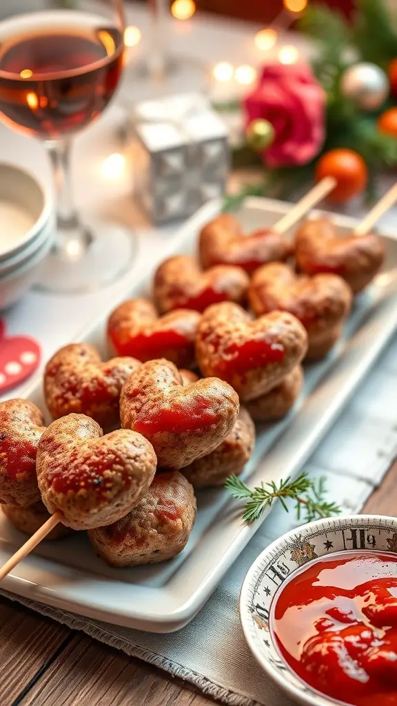 Heart-shaped meatballs on skewers with ketchup on a platter, surrounded by festive decorations.