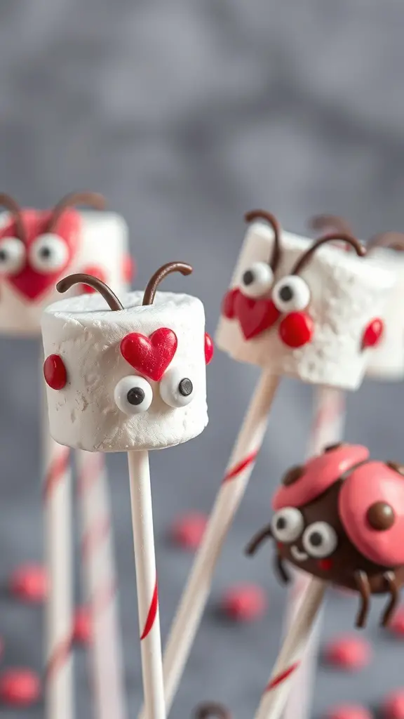 Colorful Love Bug Marshmallow Pops decorated with candy eyes and hearts