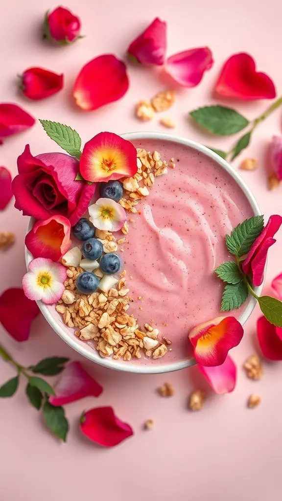 A beautifully arranged rose petal smoothie bowl with granola, blueberries, and edible flowers, surrounded by rose petals.