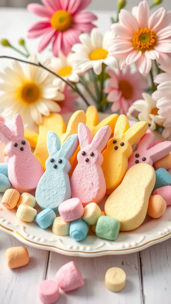 Colorful marshmallow Peeps in pastel colors with mini marshmallows and flowers