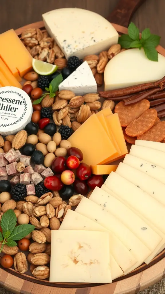 A savory cheese and charcuterie board with various cheeses, meats, nuts, and fruits.