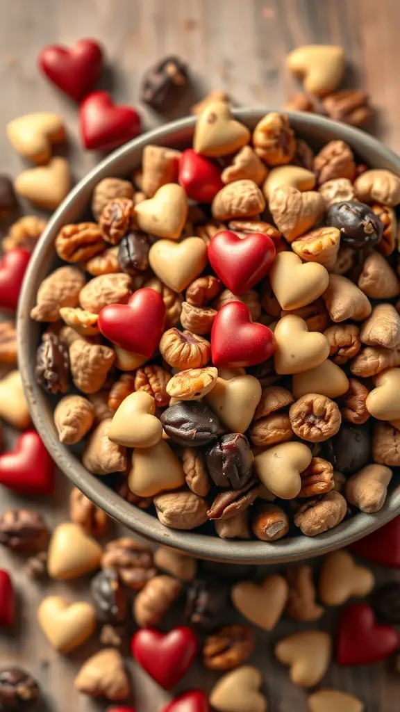 A bowl of Cupid's Trail Mix with heart-shaped chocolates and nuts