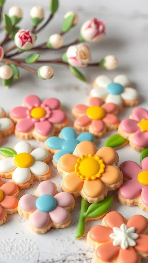 Colorful spring flower sugar cookies decorated with icing, surrounded by floral decorations.