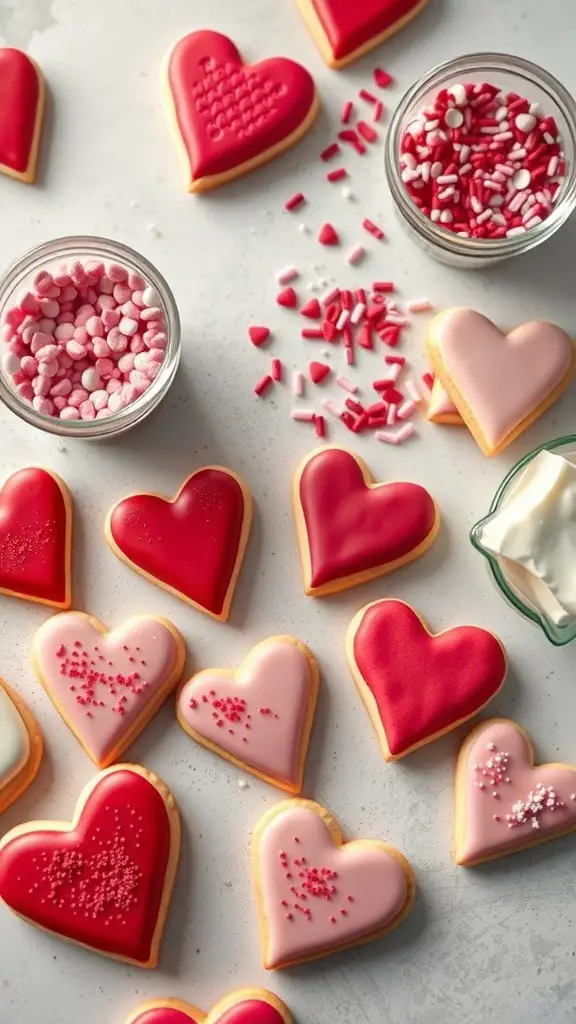 Heart-shaped cookies decorated with red and pink icing, surrounded by sprinkles and candy hearts.