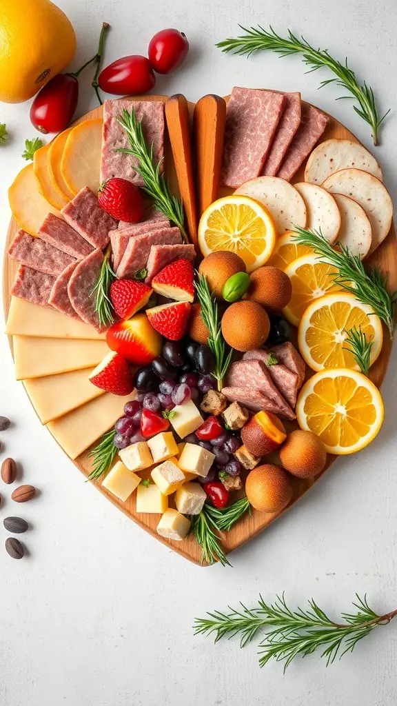 A heart-shaped charcuterie board with meats, cheeses, fruits, and garnishes.