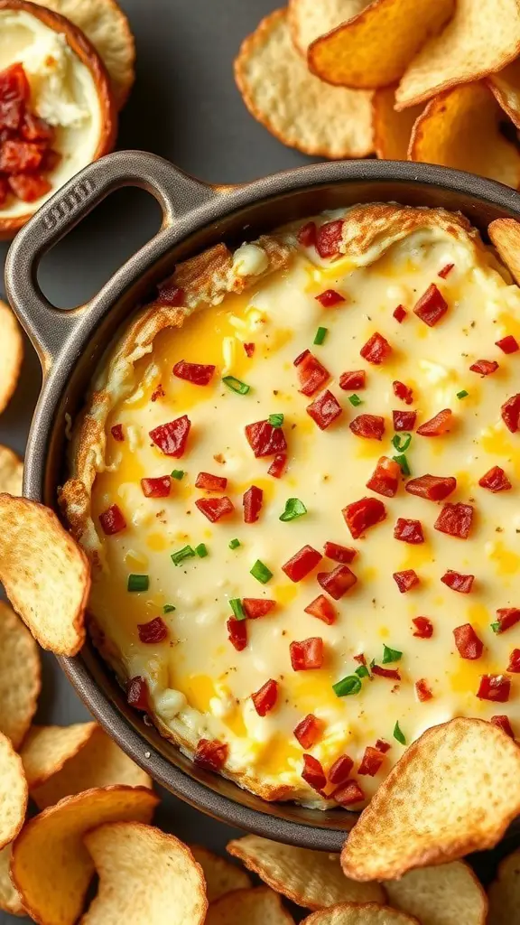 A delicious bacon and cheese potato skin dip served in a baking dish, surrounded by crispy potato chips.