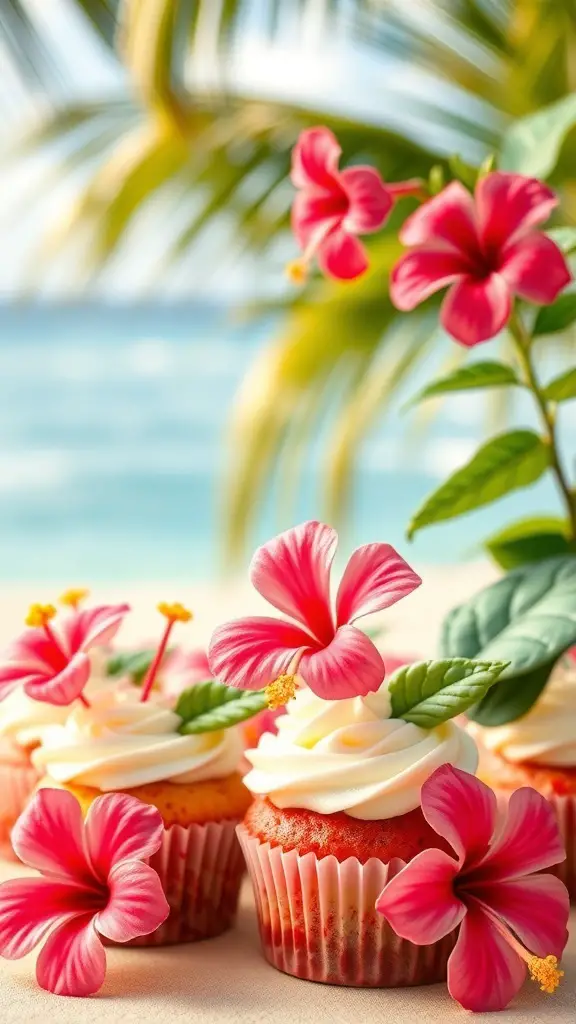 Hibiscus cupcakes with tropical decorations and a beach background