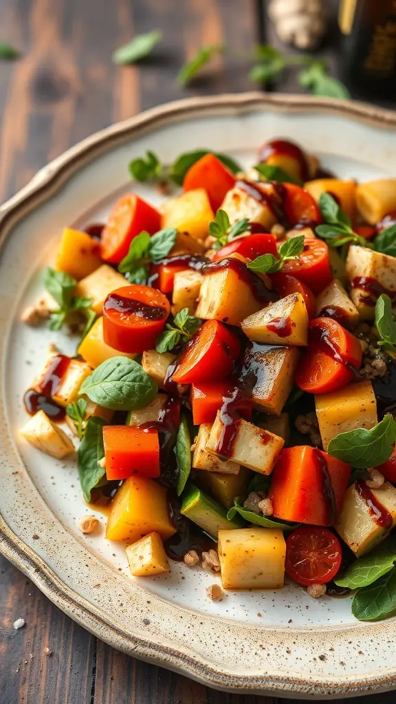 A vibrant roasted vegetable salad topped with balsamic reduction, featuring colorful bell peppers, zucchini, and cherry tomatoes.