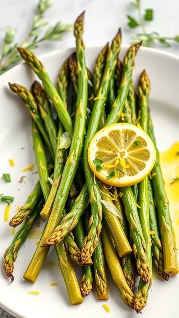 A plate of garlic butter roasted asparagus with lemon slices.
