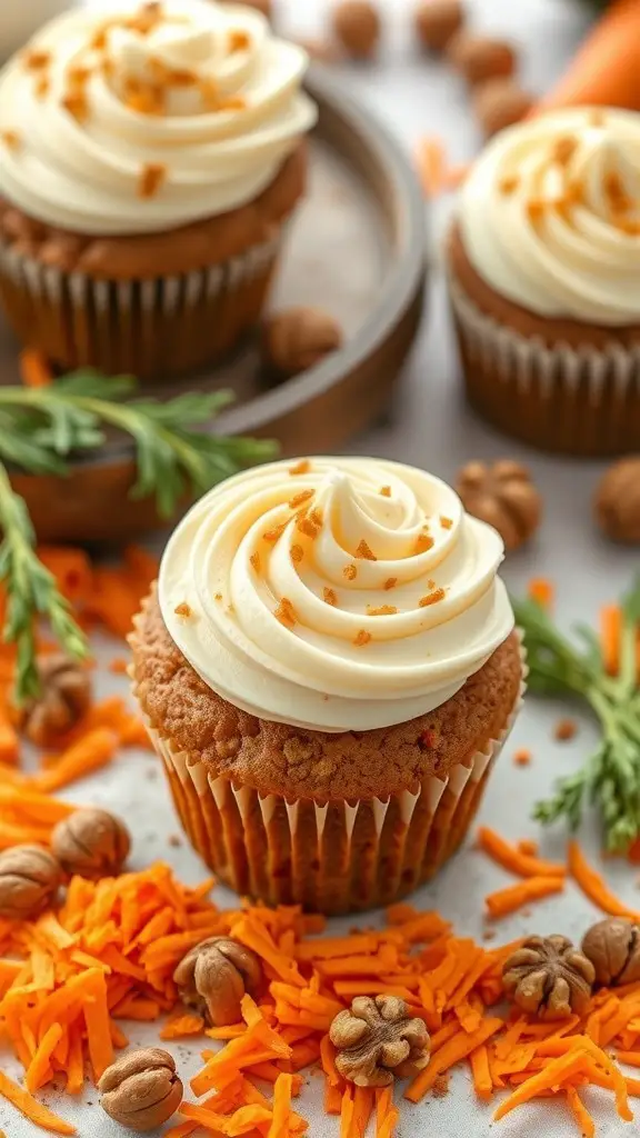 Carrot cake muffins with cream cheese frosting, garnished with carrot shavings and nuts.