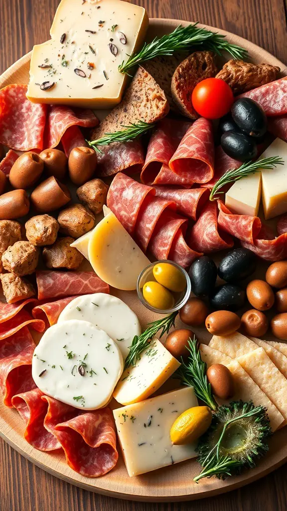 An antipasto platter featuring cured meats, cheeses, olives, and bread.
