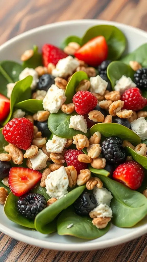 A vibrant Fruit and Nut Spinach Salad featuring fresh spinach, strawberries, blackberries, raspberries, walnuts, and cheese.