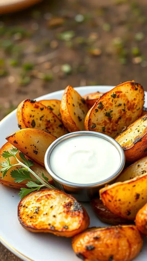 Crispy herbed potato wedges served with a creamy garlic dip