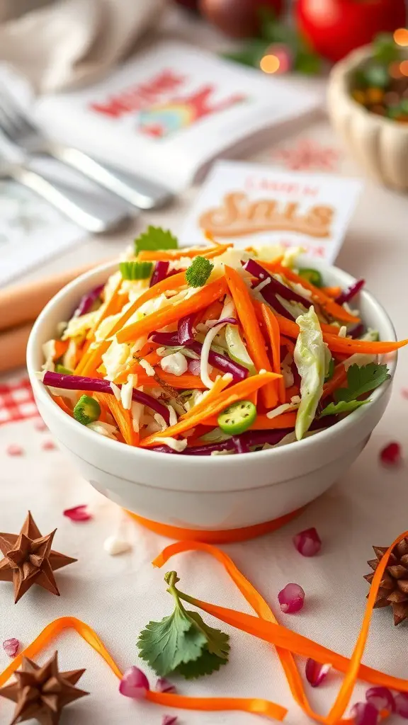A bowl of colorful coleslaw with carrots, cabbage, and herbs on a festive table.