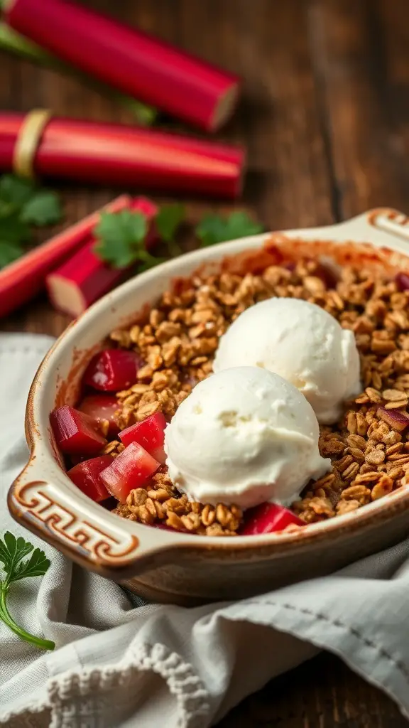 A delicious rhubarb crisp with oat topping served with ice cream.