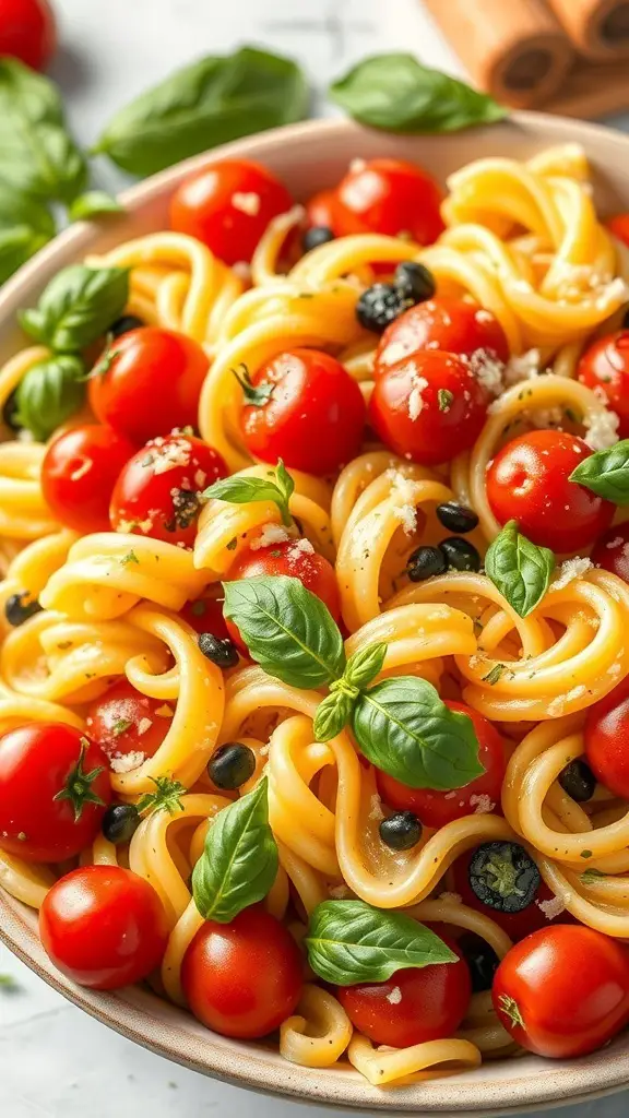 A bowl of pasta salad with cherry tomatoes and fresh basil