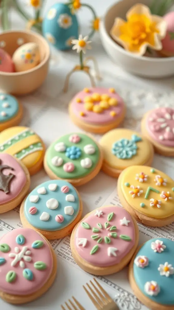 Colorful decorated Easter egg cookies arranged on a table