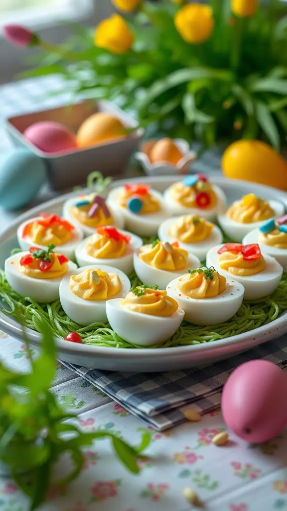A platter of colorful deviled eggs topped with various decorations, surrounded by Easter-themed items.