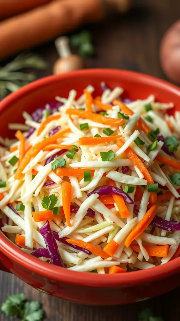 A vibrant bowl of cabbage and carrot slaw with green onions and cilantro, surrounded by fresh carrots.