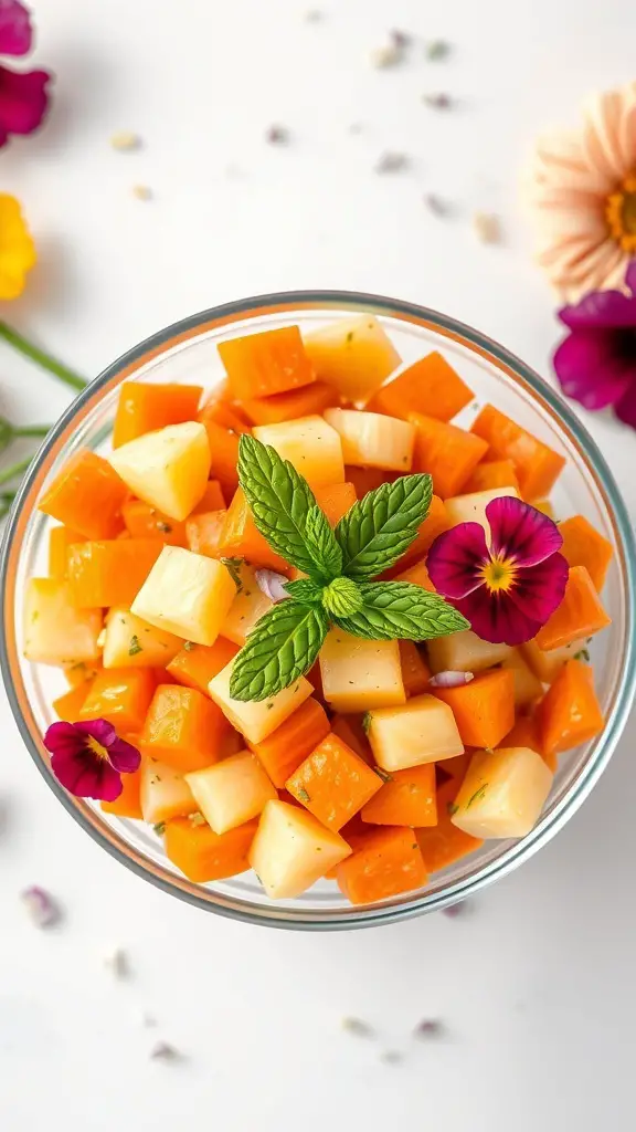 A bowl of carrot and pineapple salad garnished with mint and edible flowers.