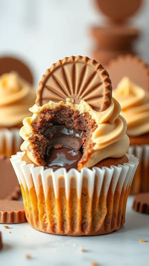 Peanut Butter Cup Surprise cupcake with a bite taken out, revealing a chocolate center.