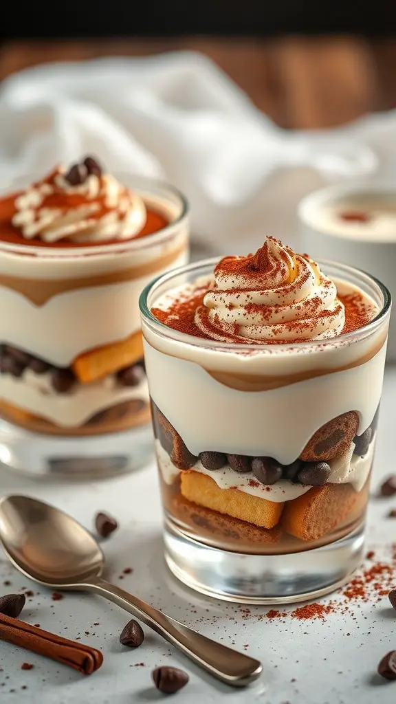 Tiramisu dessert cups with layers of cream, ladyfingers, and cocoa powder