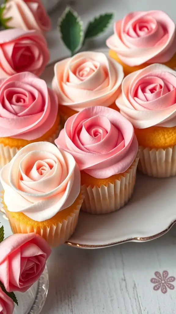 Cupcakes topped with pink and cream buttercream roses on a decorative plate.