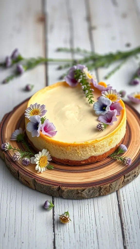 A beautifully decorated wildflower cheesecake on a wooden board with fresh flowers around it.