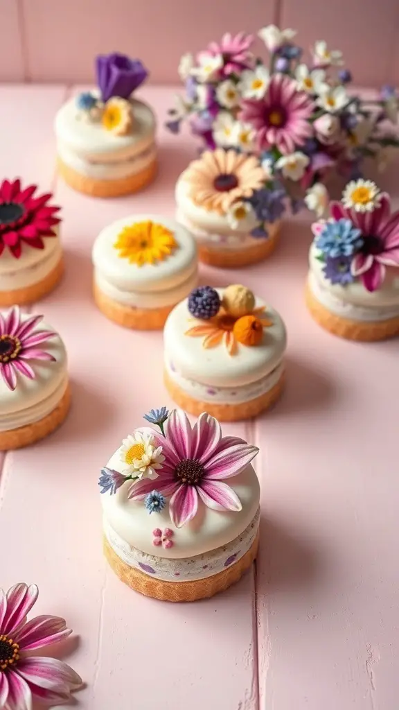 An assortment of mini wildflower cakes decorated with colorful edible flowers.