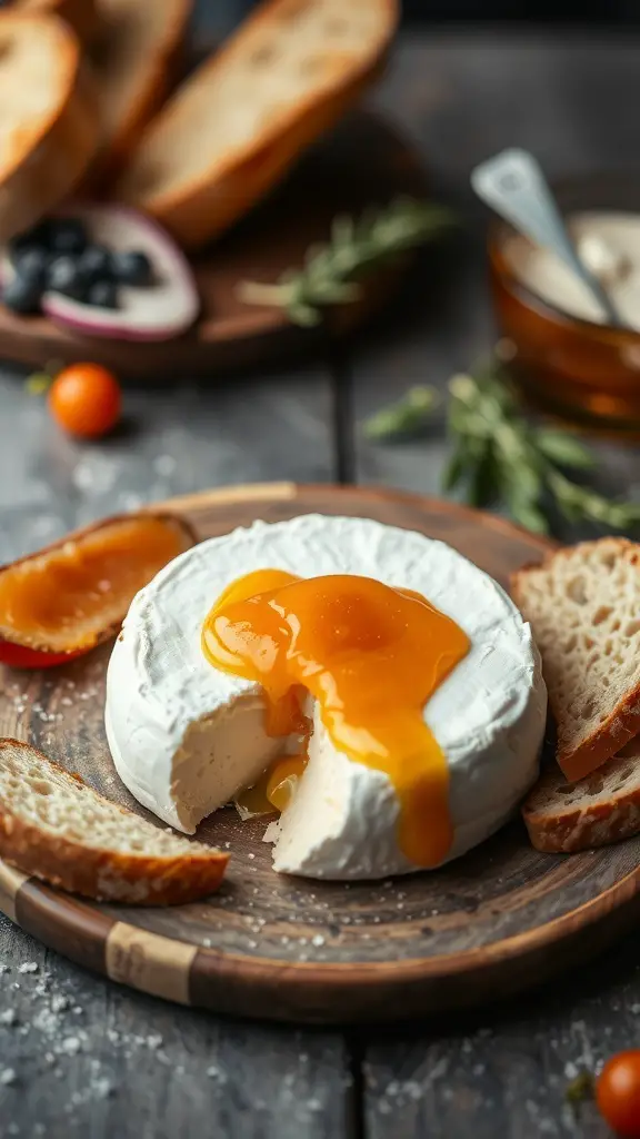 A baked wheel of Brie cheese topped with apricot jam, served with slices of bread.