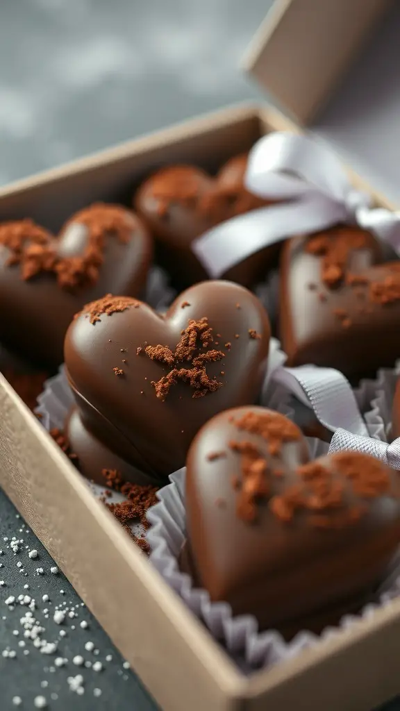 A box of heart-shaped chocolate truffles dusted with cocoa powder.